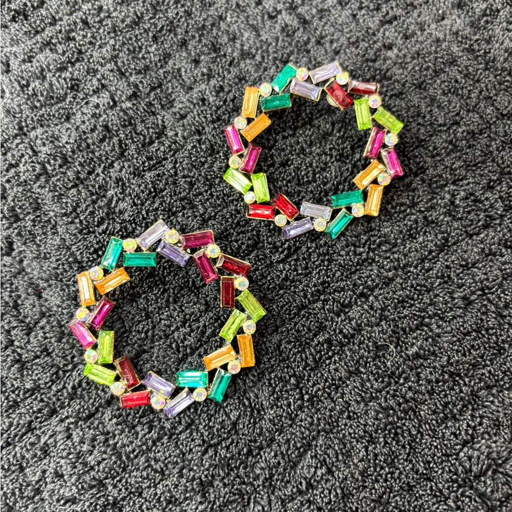Multicolor Baguette Post Back Earrings - Vibrant Crystal Circle